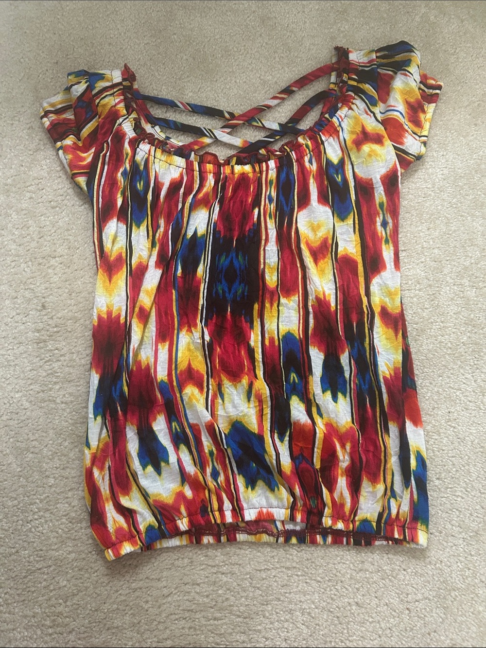 Belle Du Jour Multicolor Printed Short Sleeve Blouse with Strappy Back